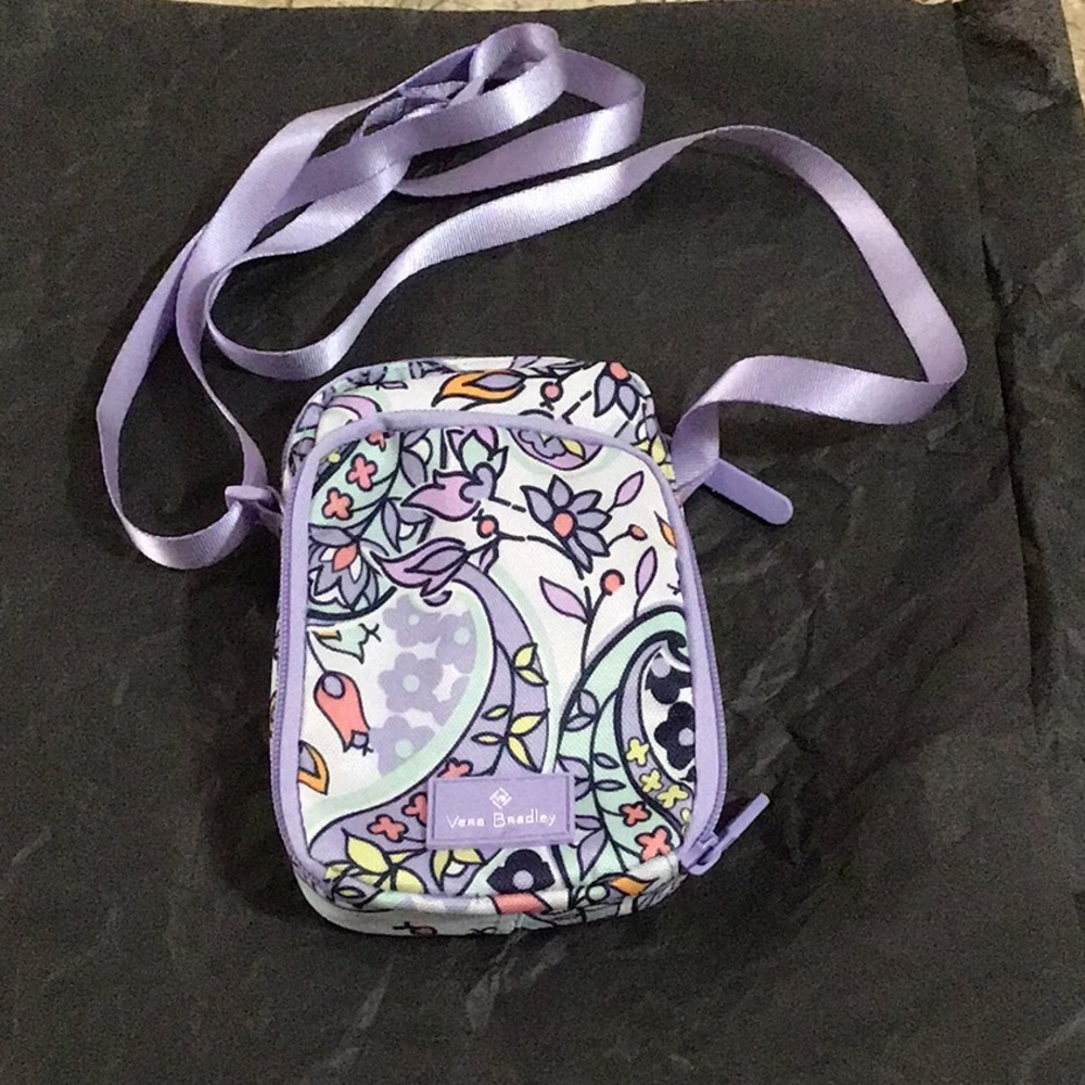 Vera Bradley travel phone holder crossbody in Lavender floral print.